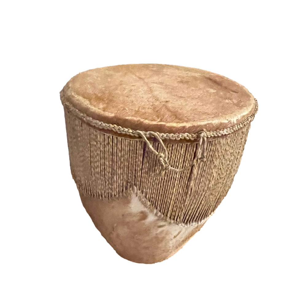 Vintage African Tribal Animal Hide Drum with Hide, fur, rope and wood design
